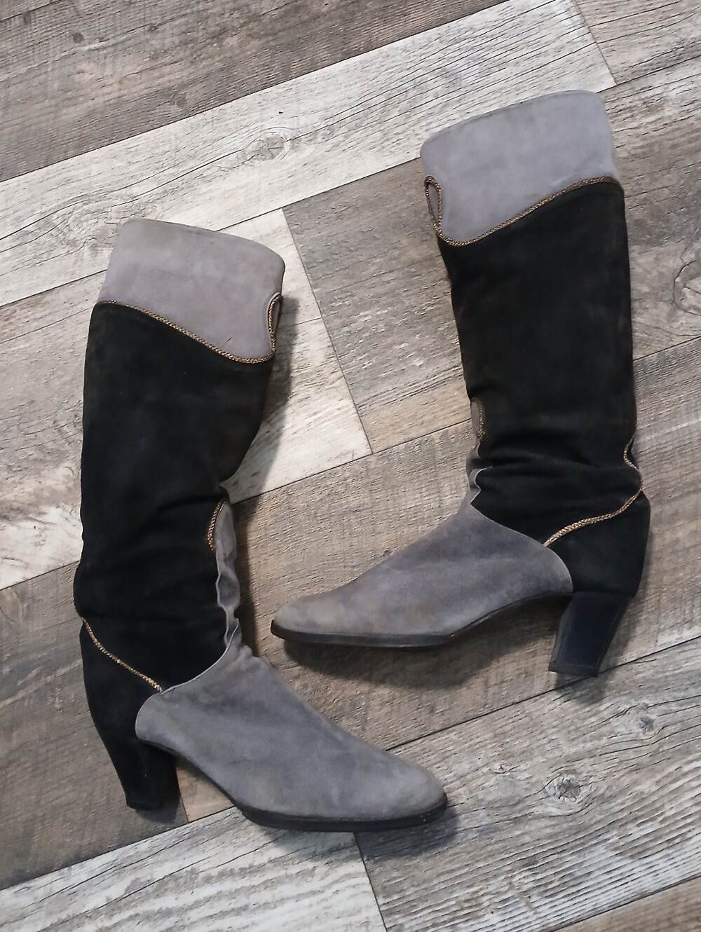 VINTAGE Yves Saint Laurent Two-Tone Gray and Black Suede Over-the-Knee Boots - Picture 2 of 8